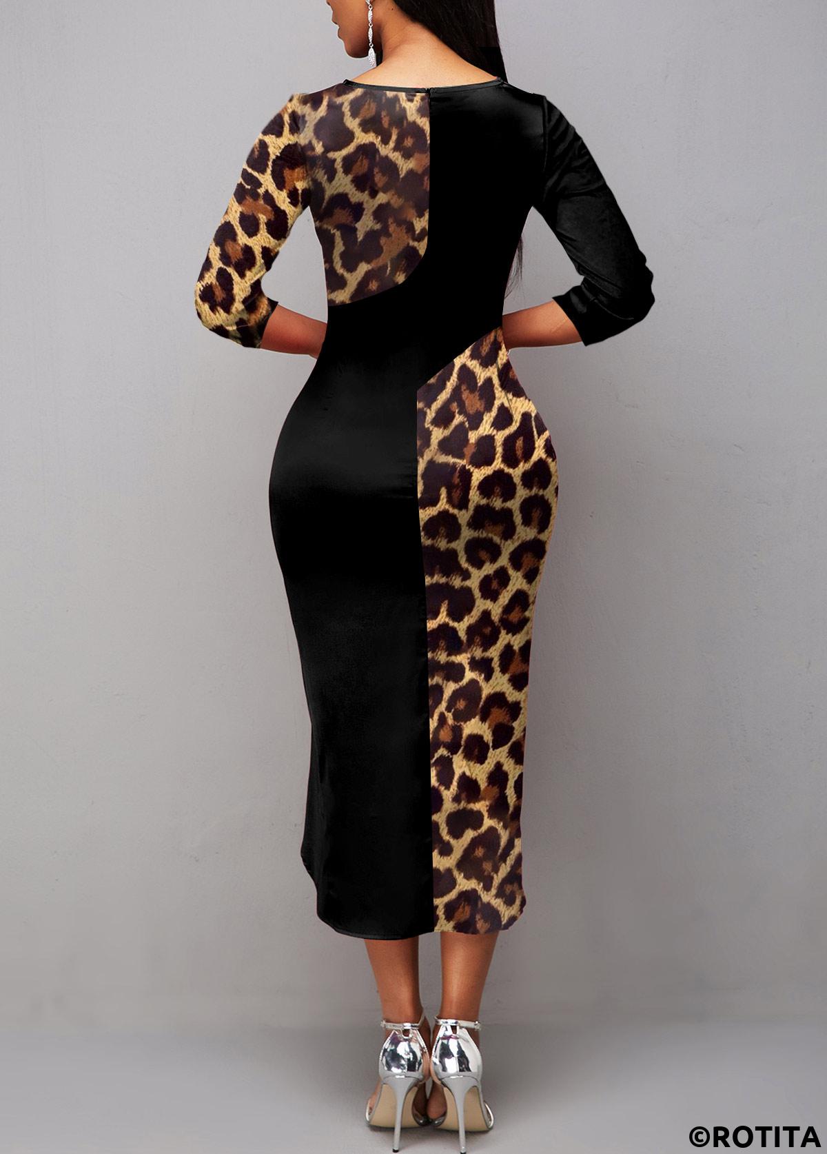 Multi Color dresses,Leopard dresses,Party dresses,Elegant dresses,ROTITA Patchwork Leopard Multi Color Round Neck Bodycon Dress