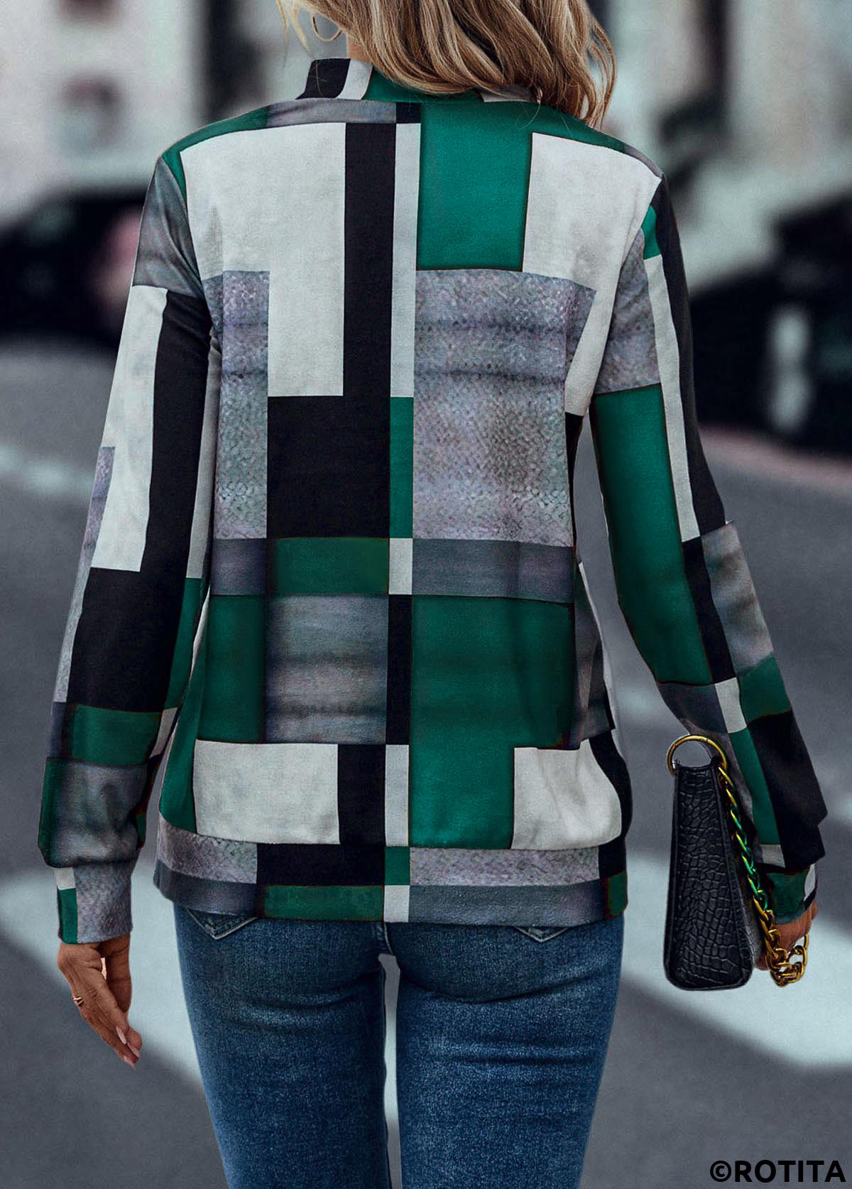 Turquoise tops,Geometric tops,Zipper Geometric Print Turquoise Turn Down Collar Sweatshirt