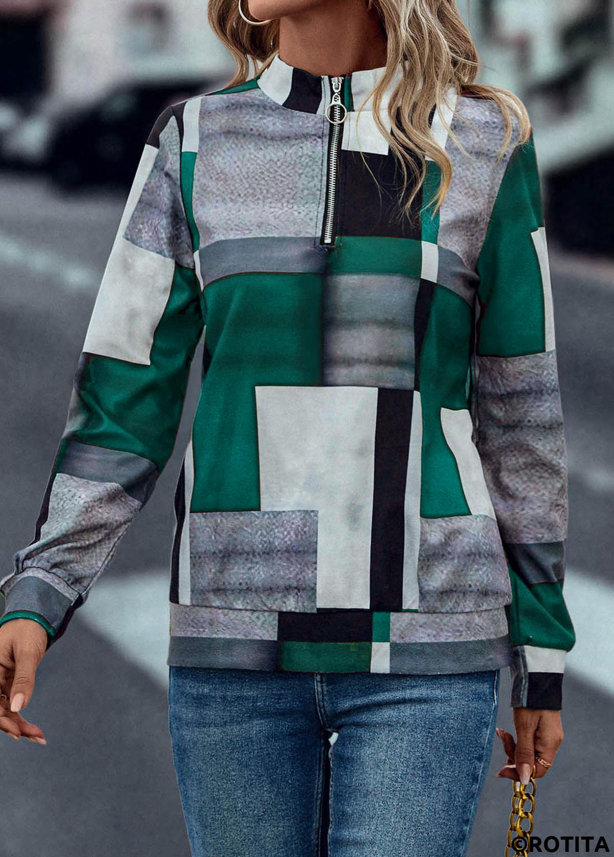 Turquoise tops,Geometric tops,Zipper Geometric Print Turquoise Turn Down Collar Sweatshirt
