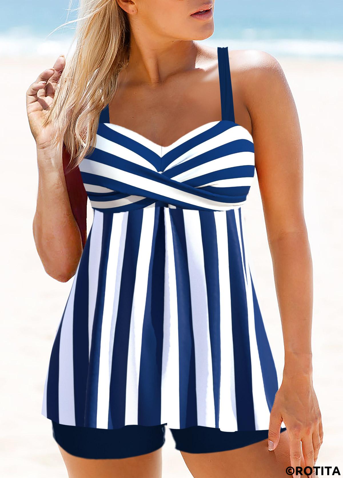 Navy swimwear,Striped swimwear,Geometric swimwear,ROTITA Criss Cross Navy Striped Tankini Top