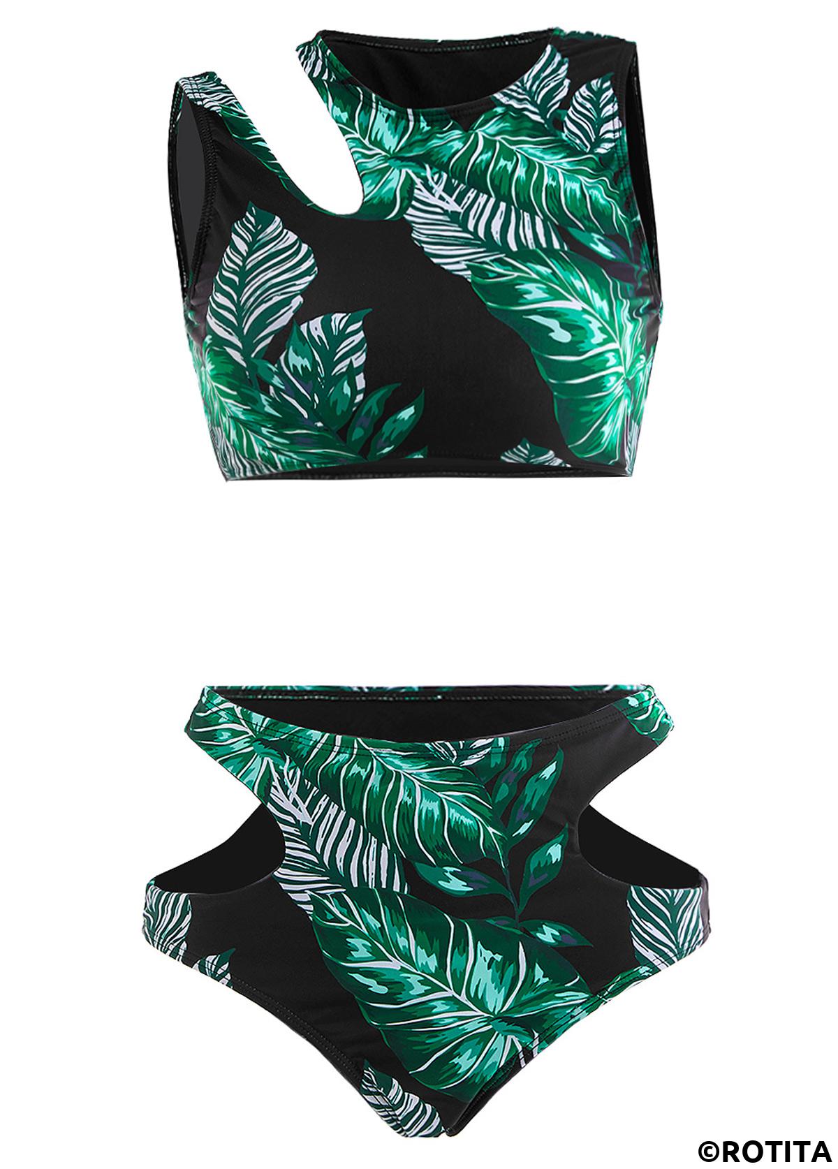 Black swimwear,Green swimwear,Plants swimwear,ROTITA Cut Out Black Leaf Print Mid Waisted Bikini Set