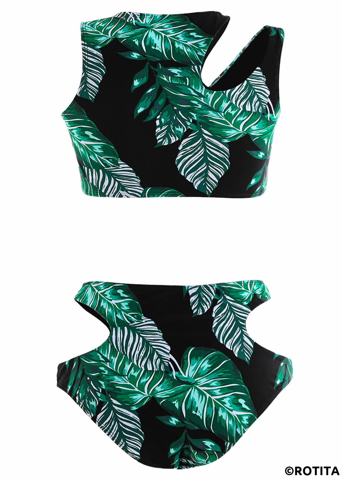 Black swimwear,Green swimwear,Plants swimwear,ROTITA Cut Out Black Leaf Print Mid Waisted Bikini Set