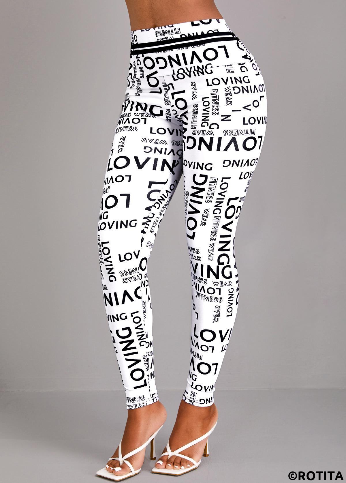 White bottoms,Letter bottoms,Letter Print White High Waisted Elastic Waist Leggings