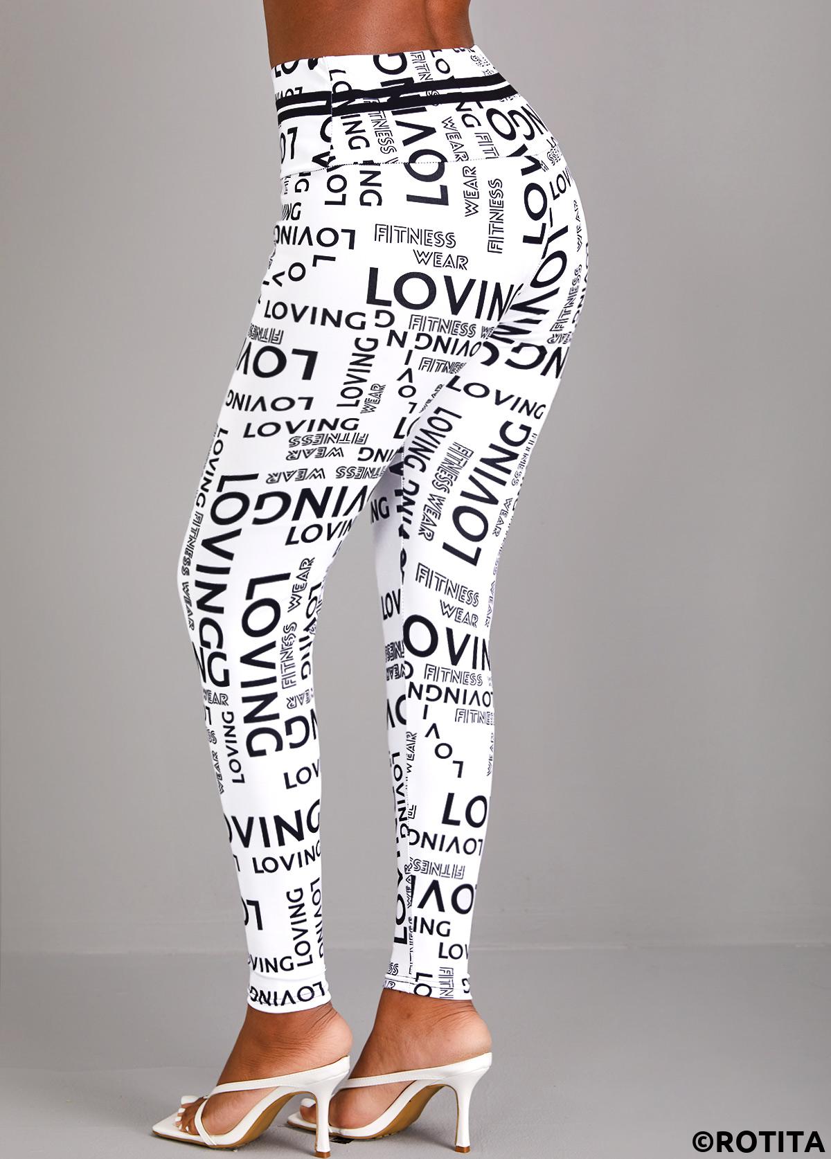 White bottoms,Letter bottoms,Letter Print White High Waisted Elastic Waist Leggings