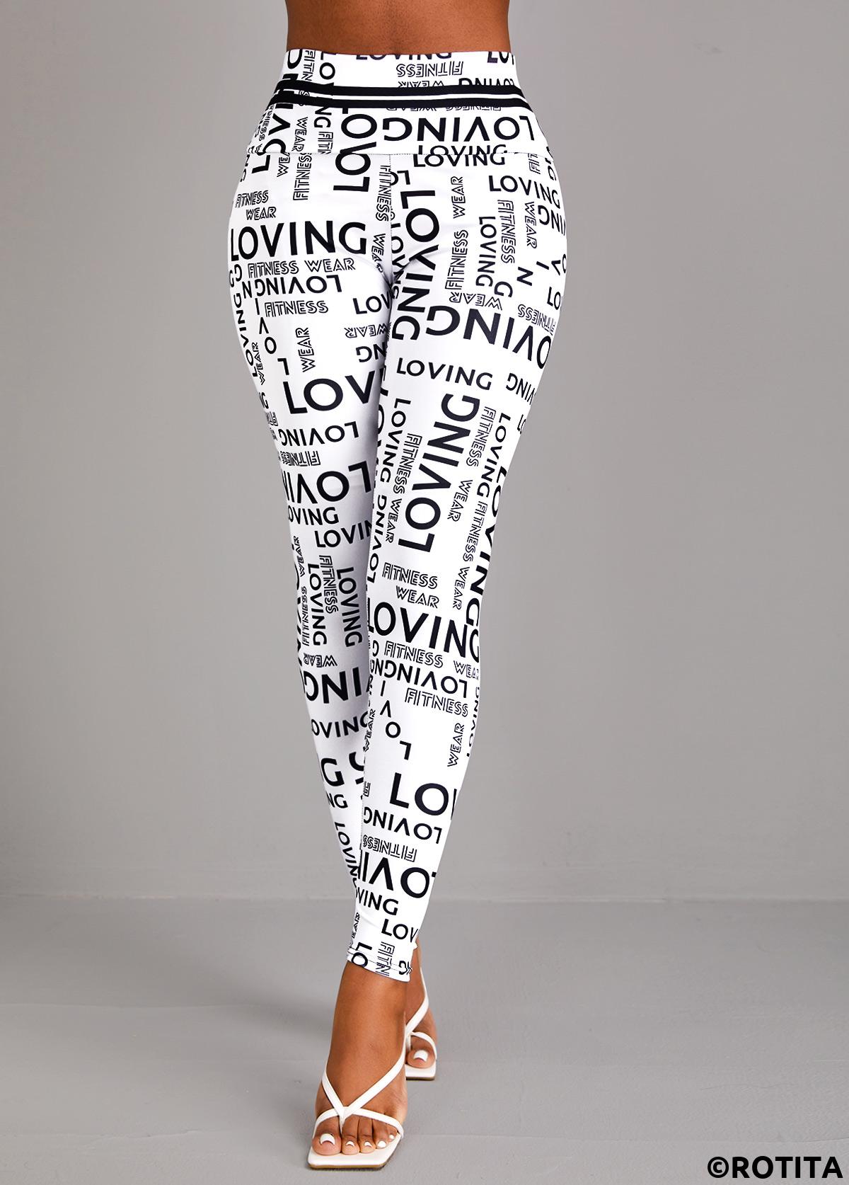 White bottoms,Letter bottoms,Letter Print White High Waisted Elastic Waist Leggings