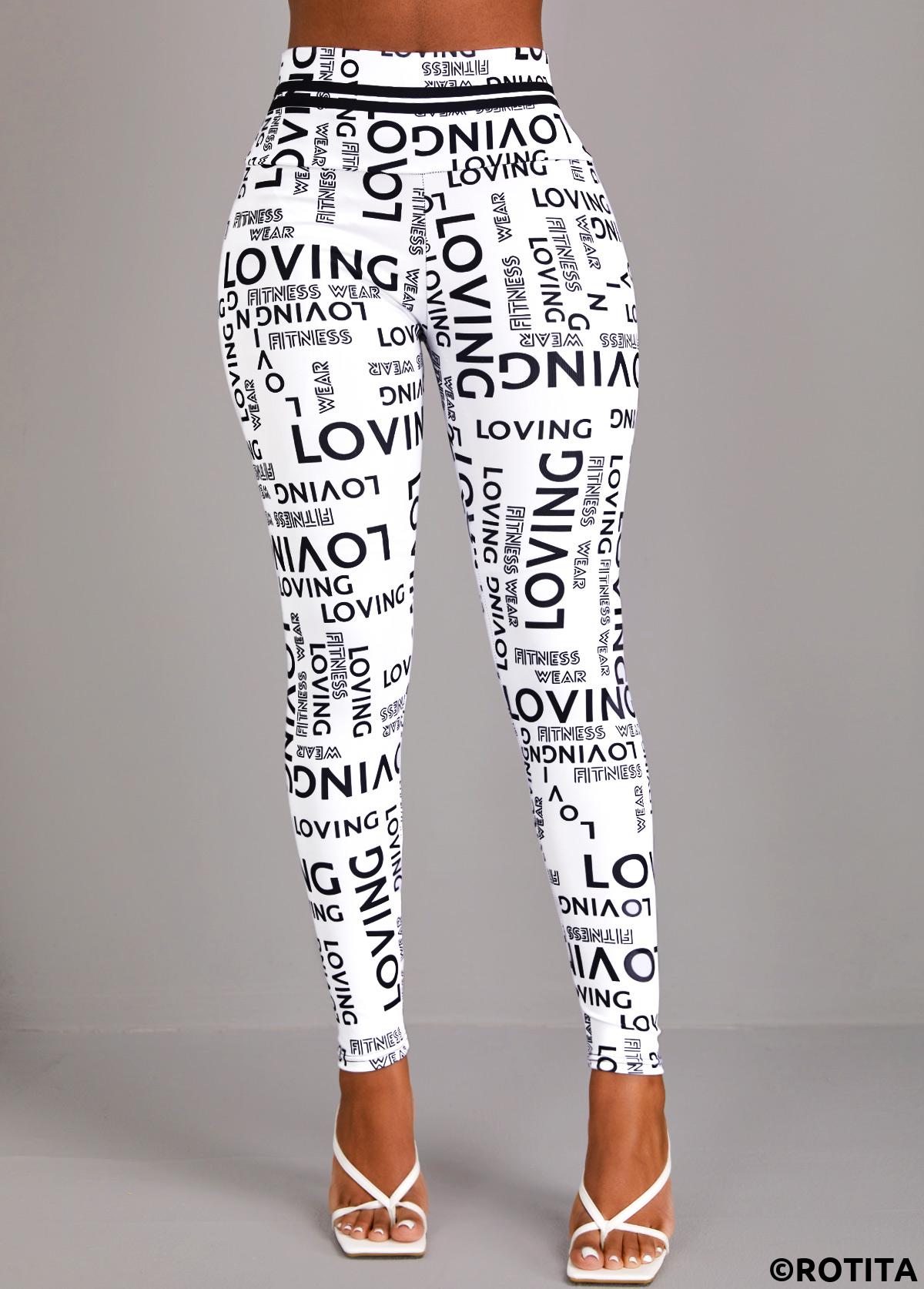 White bottoms,Letter bottoms,Letter Print White High Waisted Elastic Waist Leggings