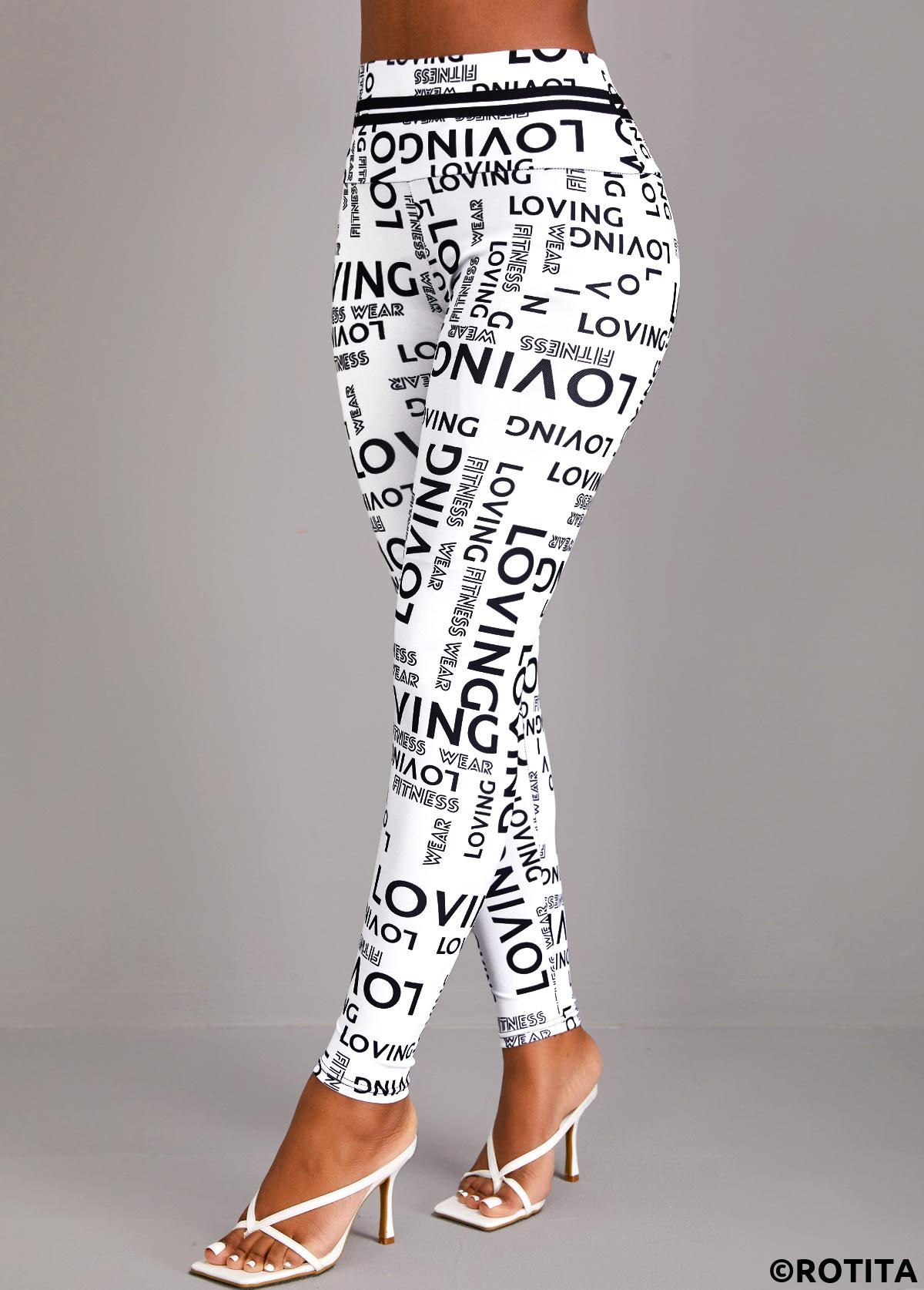 White bottoms,Letter bottoms,Letter Print White High Waisted Elastic Waist Leggings