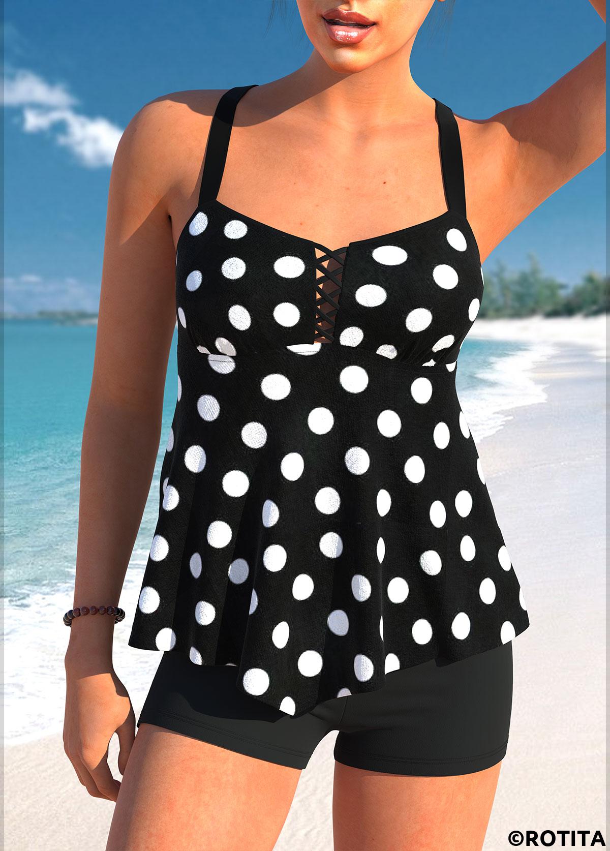 Black swimwear,Dot swimwear,ROTITA Handkerchief Hem Black Polka Dot Tankini Top