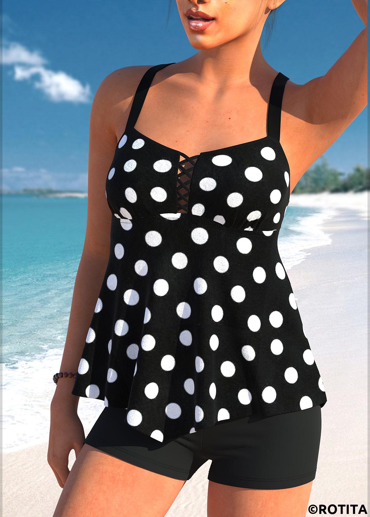 Black swimwear,Dot swimwear,ROTITA Handkerchief Hem Black Polka Dot Tankini Top