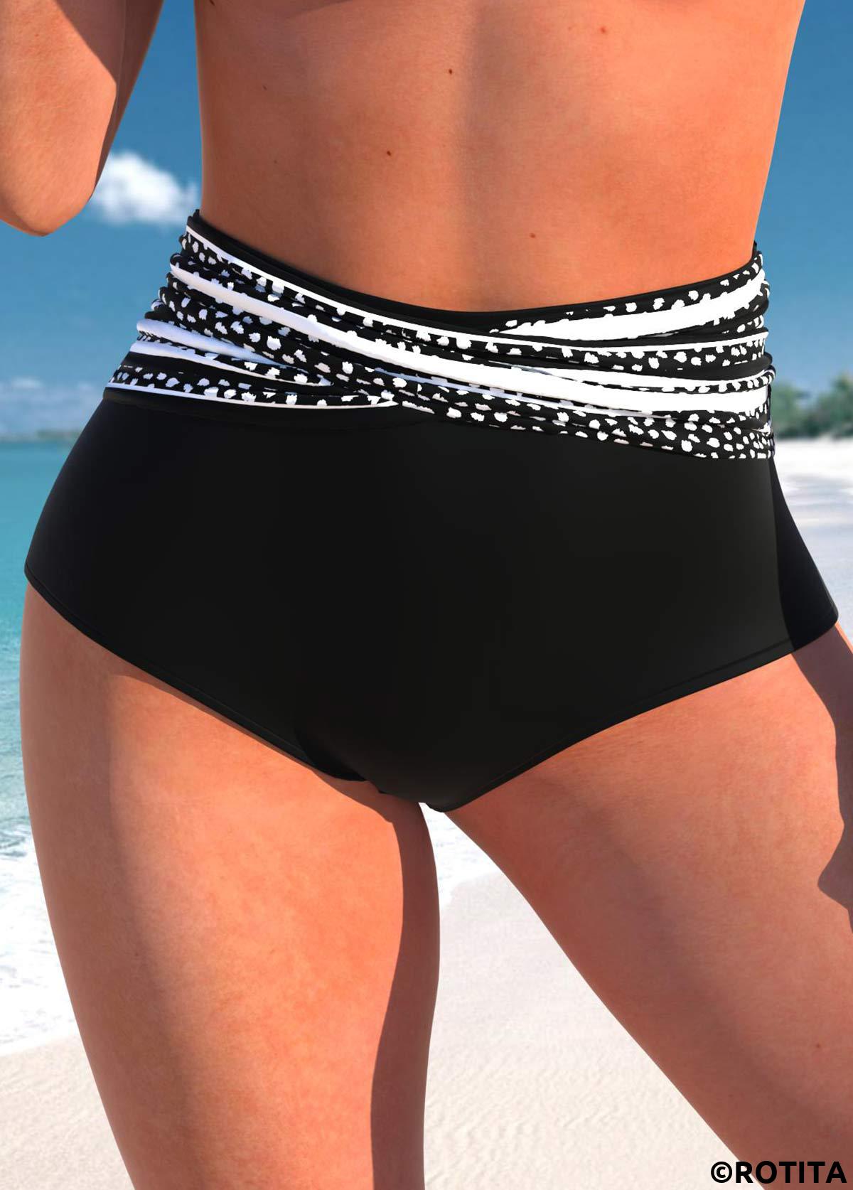 Black swimwear,Dot swimwear,Striped swimwear,ROTITA Black Polka Dot High Waisted Bikini Bottom