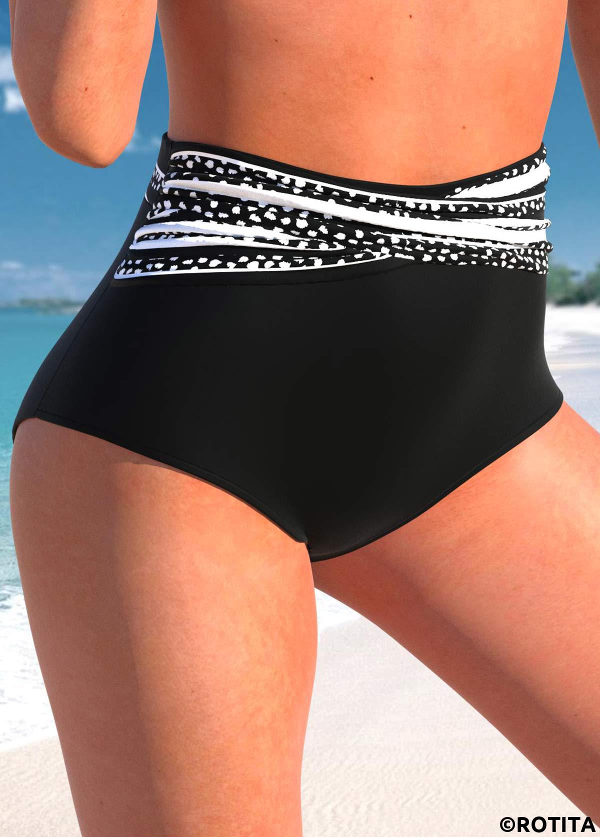 Black swimwear,Dot swimwear,Striped swimwear,ROTITA Black Polka Dot High Waisted Bikini Bottom