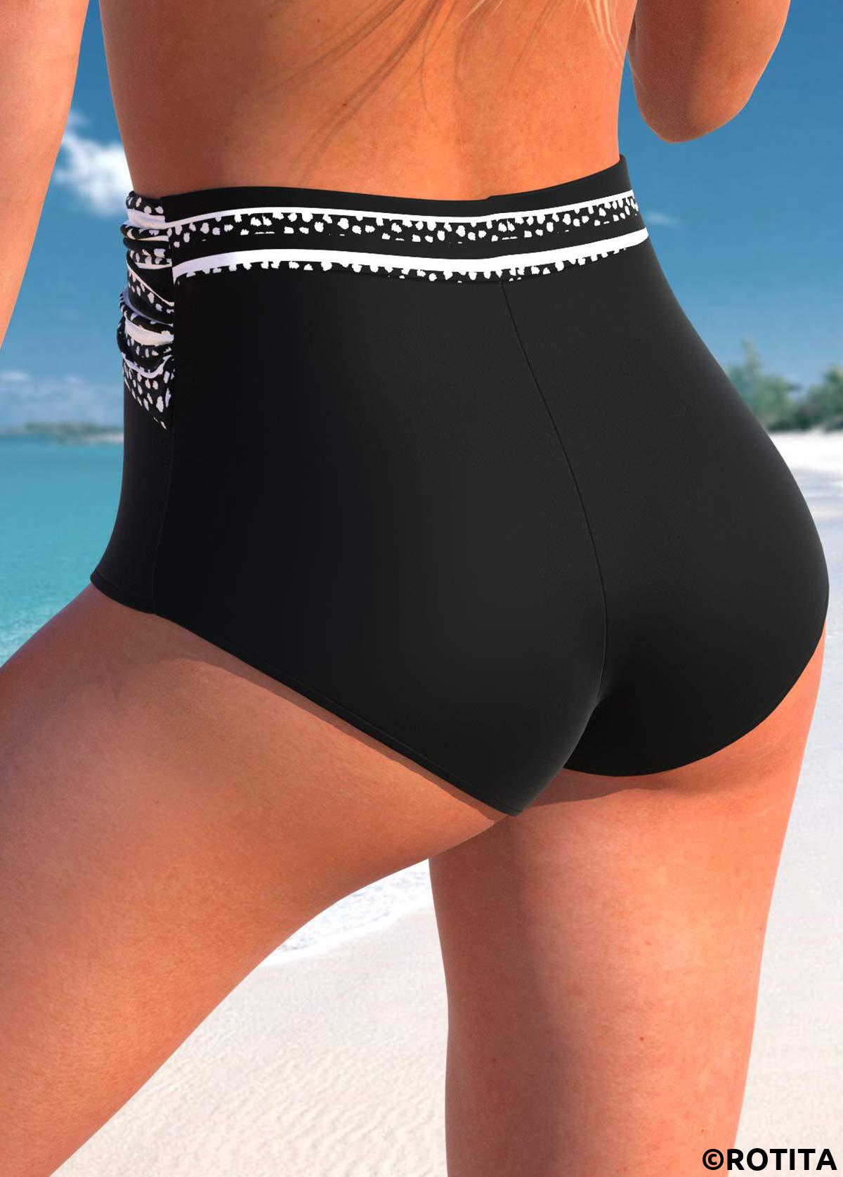 Black swimwear,Dot swimwear,Striped swimwear,ROTITA Black Polka Dot High Waisted Bikini Bottom