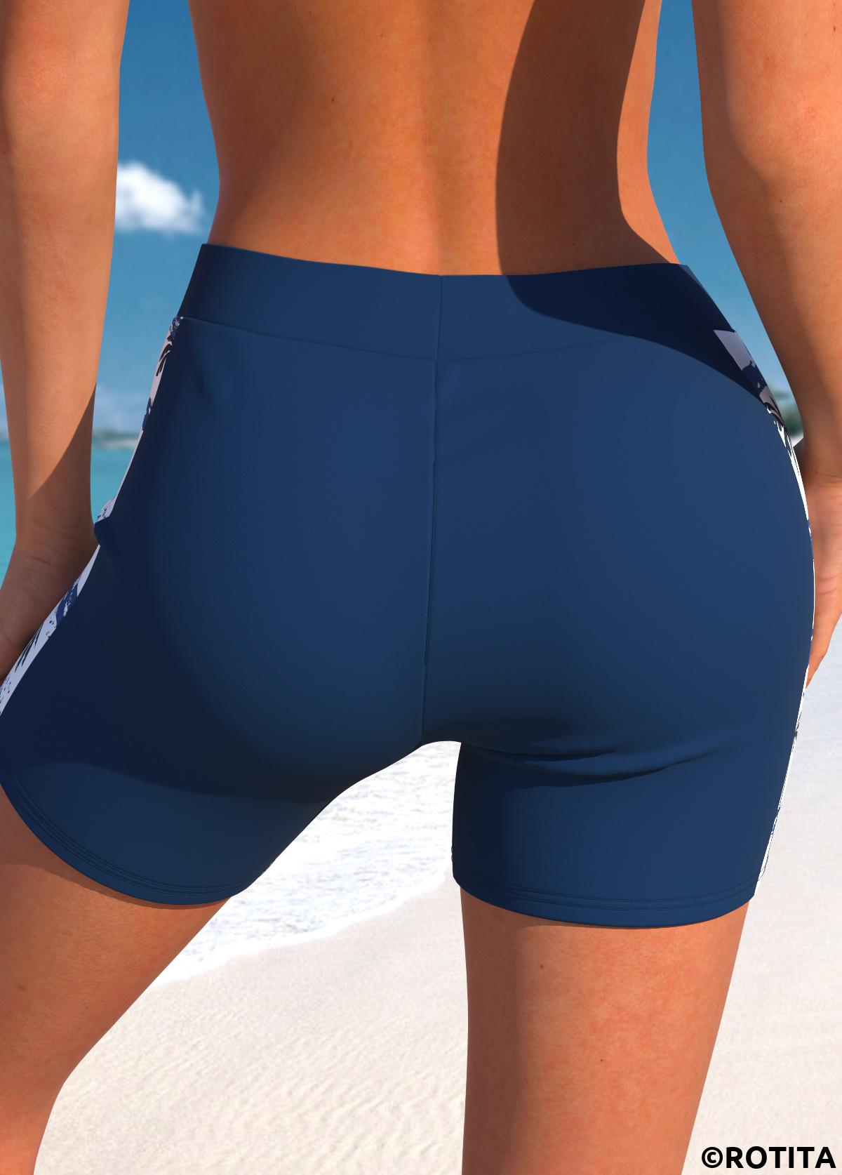 Navy swimwear,Plants swimwear,ROTITA Navy Tropical Plants Print High Waisted Swim Shorts