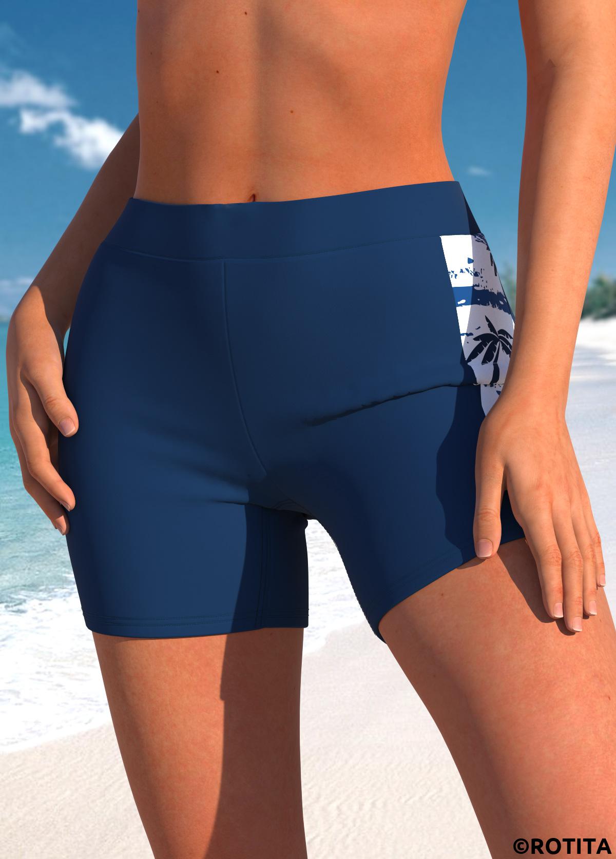 Navy swimwear,Plants swimwear,ROTITA Navy Tropical Plants Print High Waisted Swim Shorts