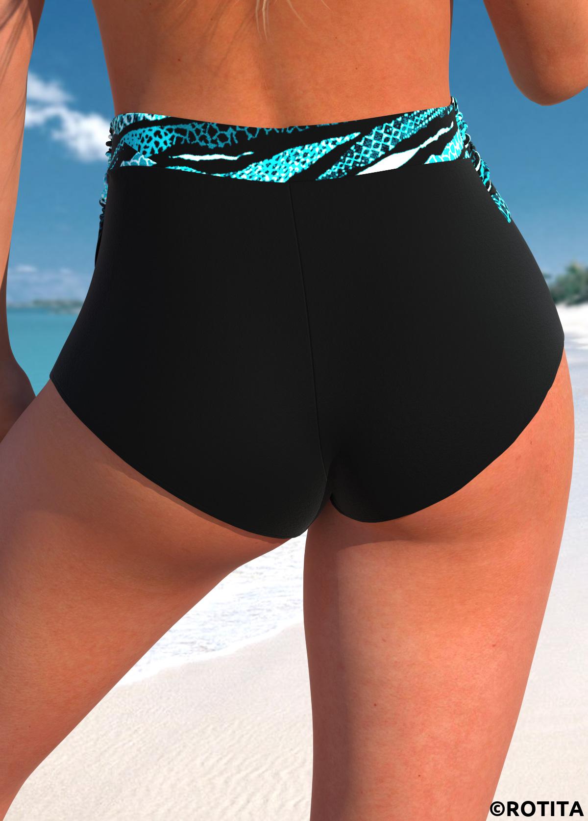 Black swimwear,Striped swimwear,Geometric swimwear,ROTITA Black Striped High Waisted Bikini Bottom