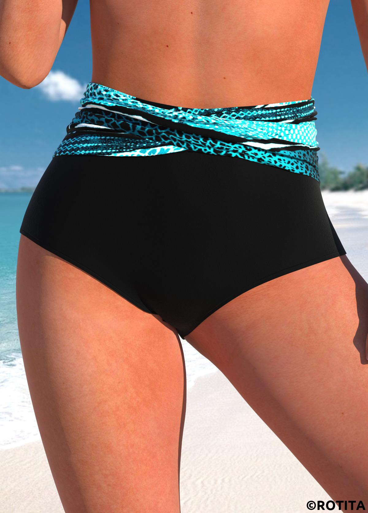 Black swimwear,Striped swimwear,Geometric swimwear,ROTITA Black Striped High Waisted Bikini Bottom