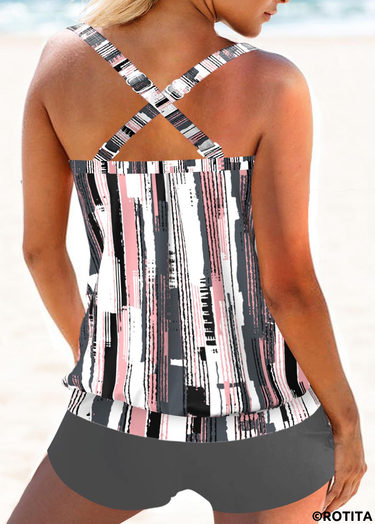 Grey swimwear,Geometric swimwear,Striped swimwear,ROTITA Criss Cross Grey Geometric Print Tankini Top