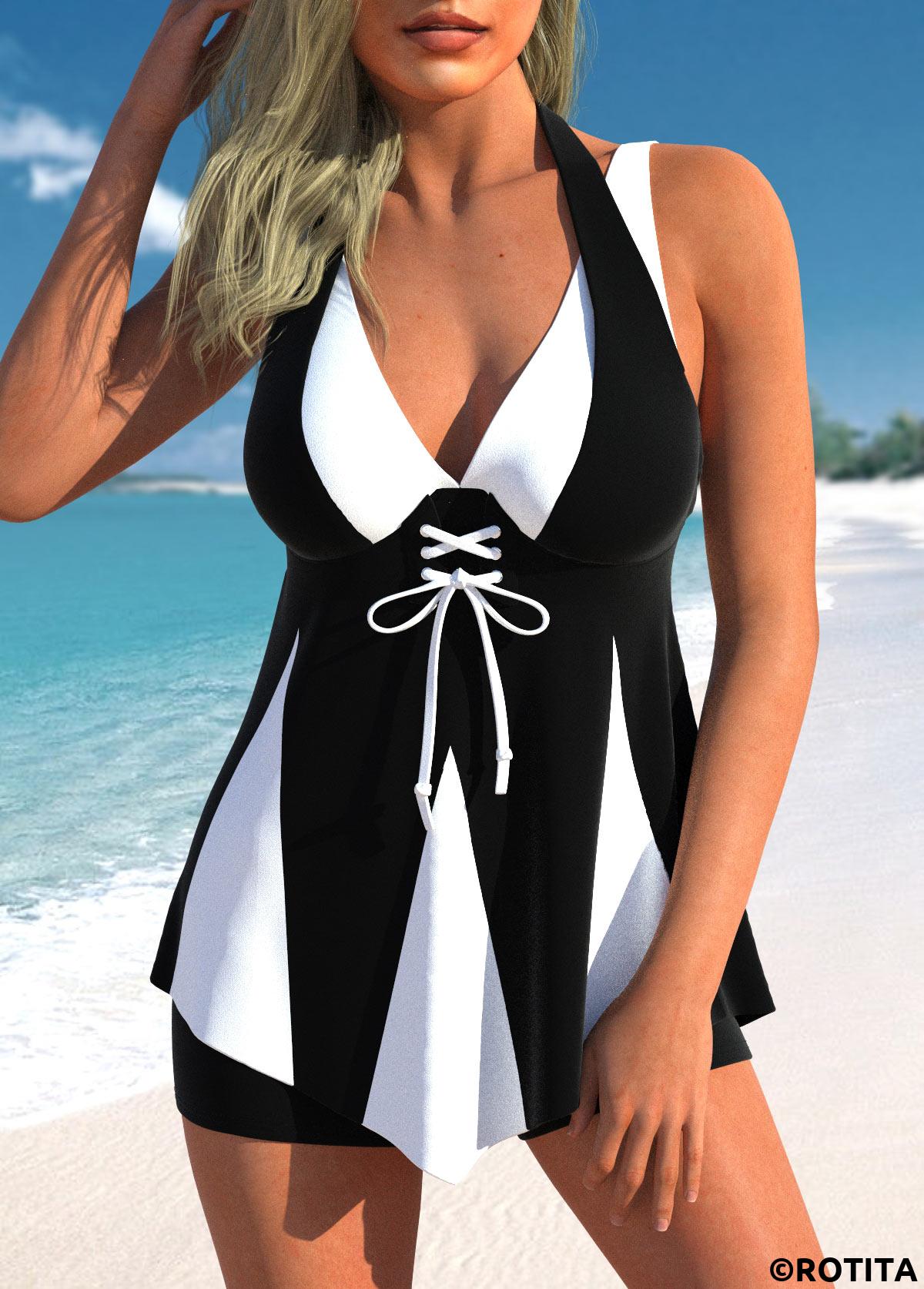 Black swimwear,White swimwear,Contrast Color swimwear,ROTITA Lace Up Contrast Black Swimdress Top