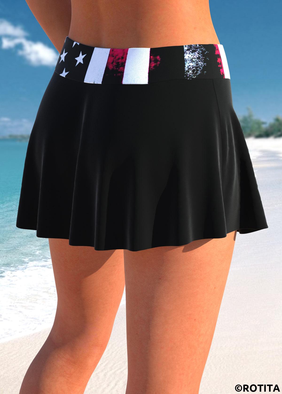 Black swimwear,Flag swimwear,ROTITA Black Flag Print Mid Waisted Pantskirt