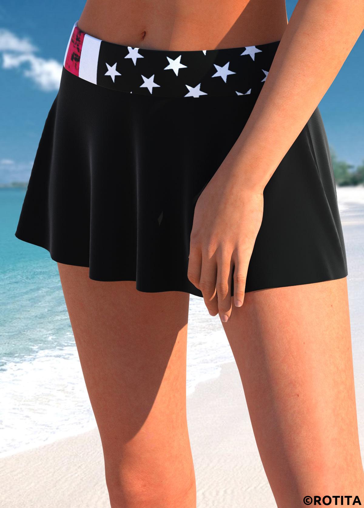 Black swimwear,Flag swimwear,ROTITA Black Flag Print Mid Waisted Pantskirt