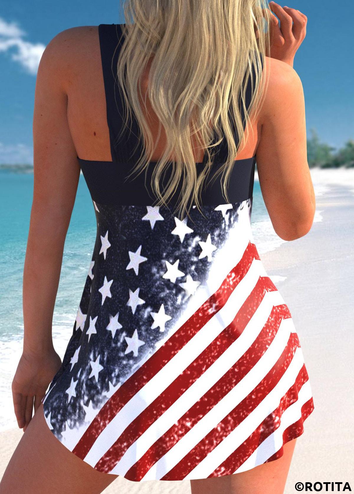 Multi Color swimwear,Flag swimwear,ROTITA American Flag Ruched Multi Color Tankini Top