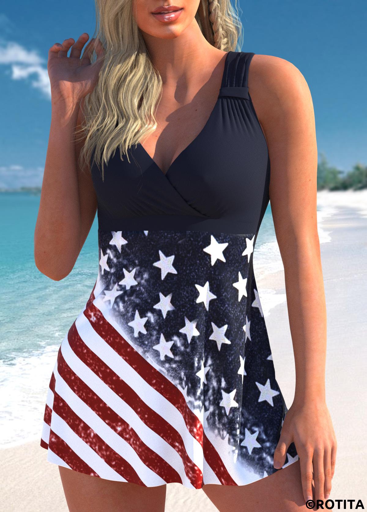 Multi Color swimwear,Flag swimwear,ROTITA American Flag Ruched Multi Color Tankini Top