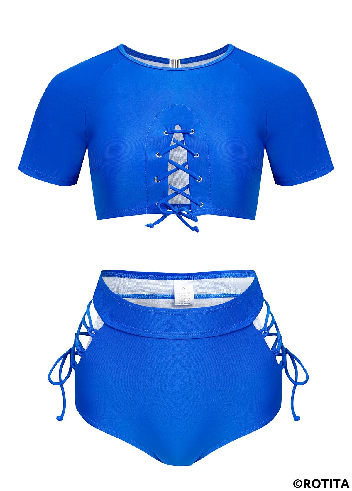 Royal Blue swimwear,Plain Color swimwear,ROTITA Cut Out Lace Up Royal Blue Bikini Top