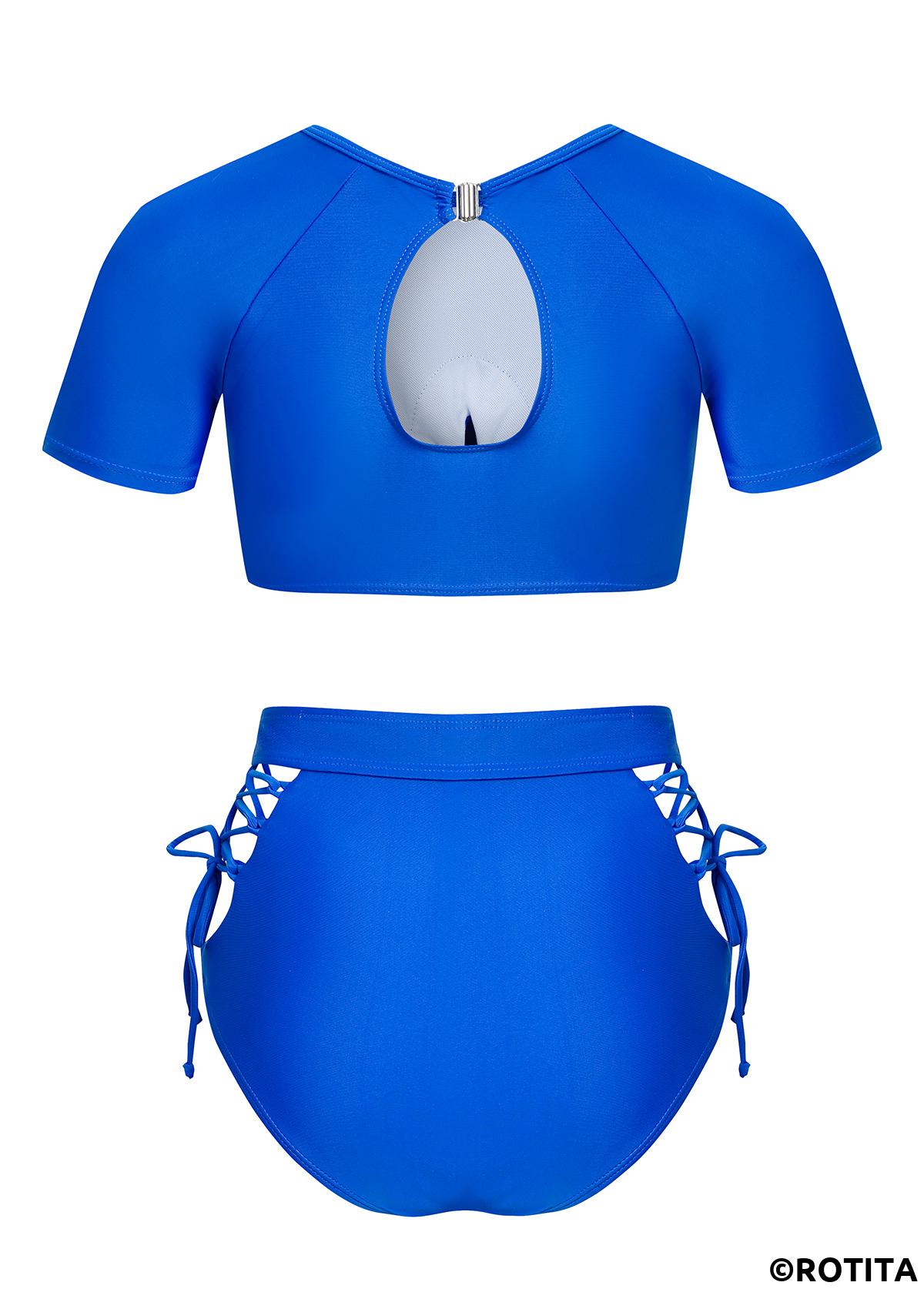 Royal Blue swimwear,Plain Color swimwear,ROTITA Cut Out Lace Up Royal Blue Bikini Top