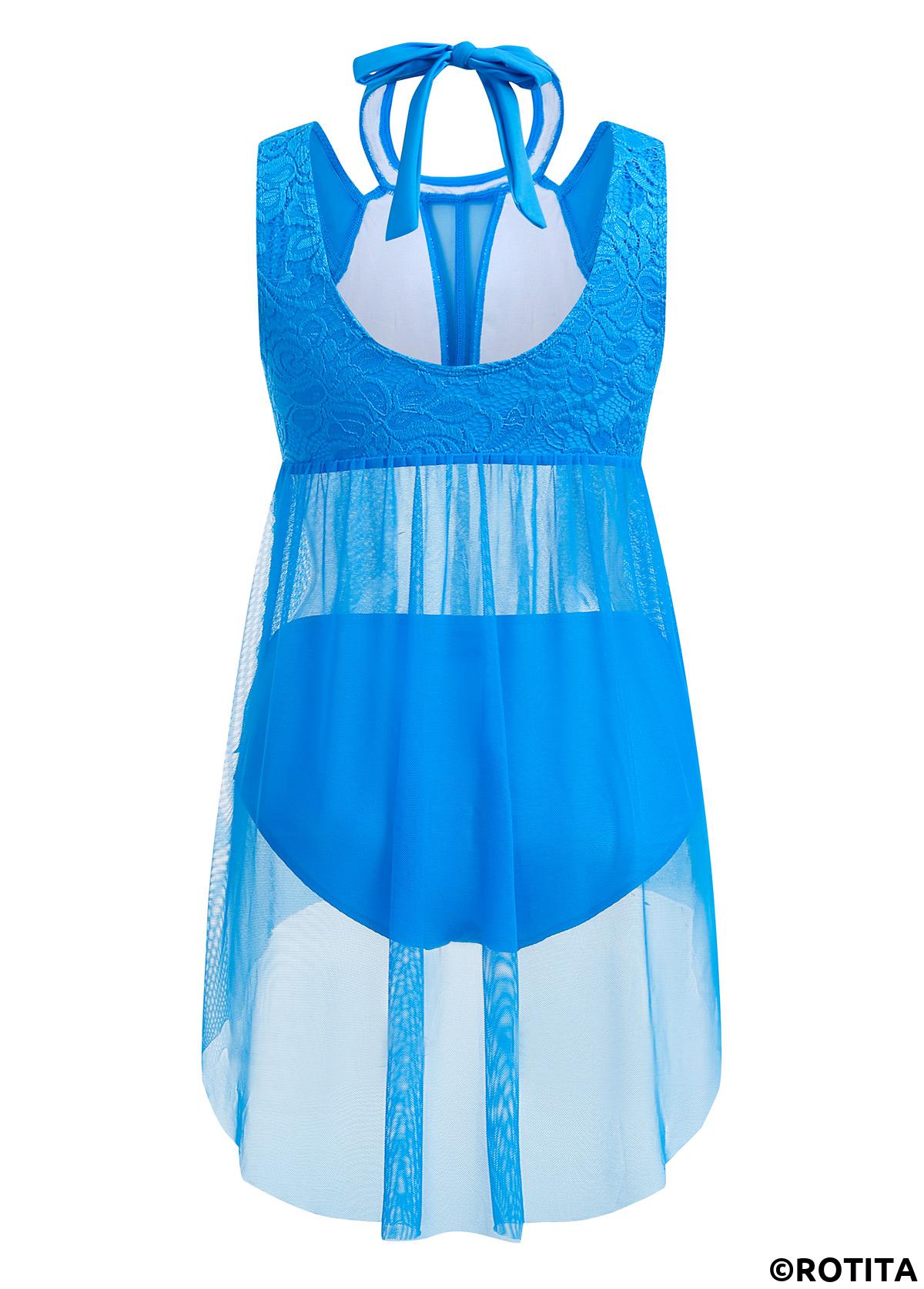 Sky Blue swimwear,Plain Color swimwear,ROTITA Lace Sky Blue Mid Waisted Swimdress and Panty