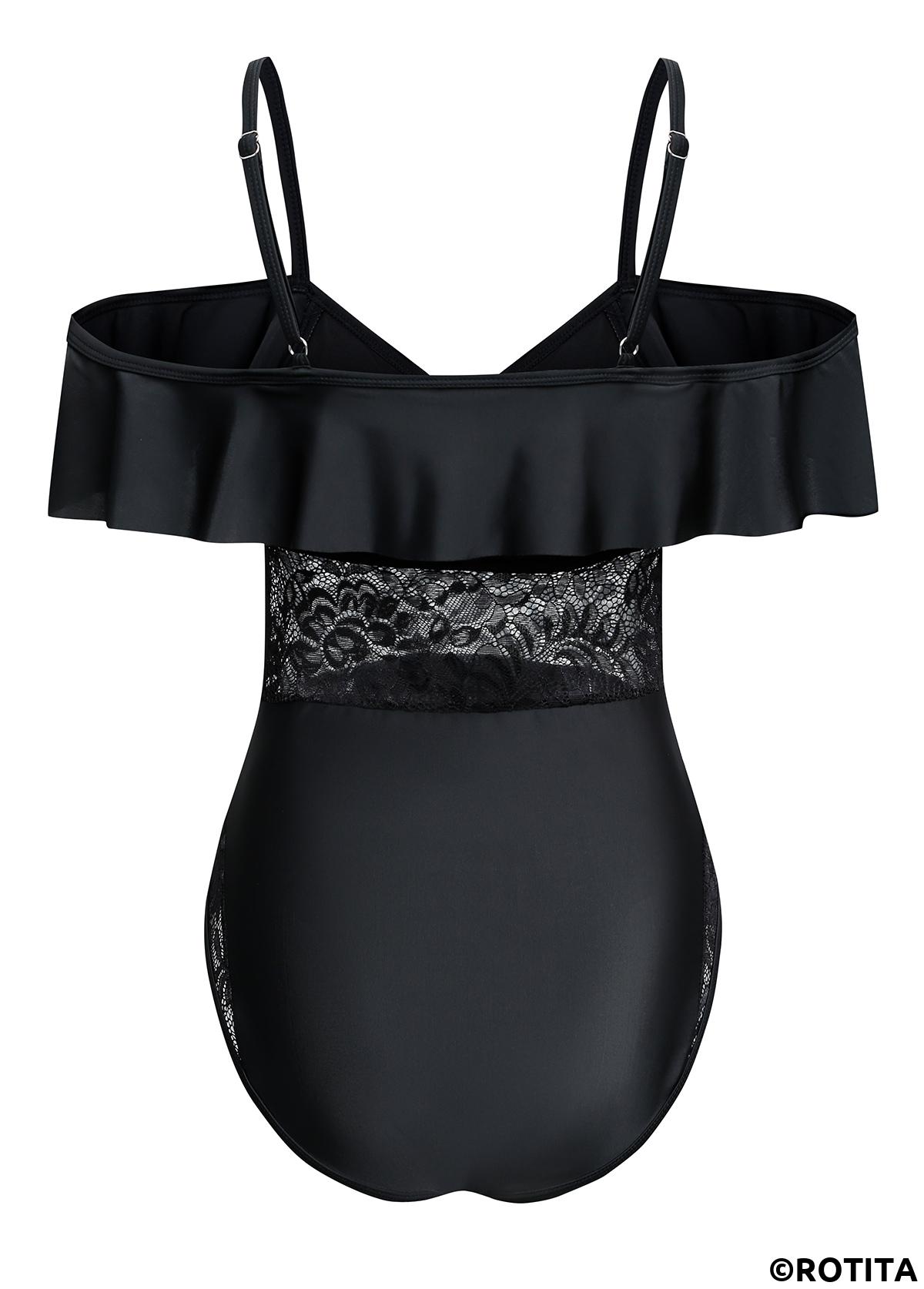 Black swimwear,Plain Color swimwear,ROTITA Lace Spaghetti Strap Black One Piece Swimwear