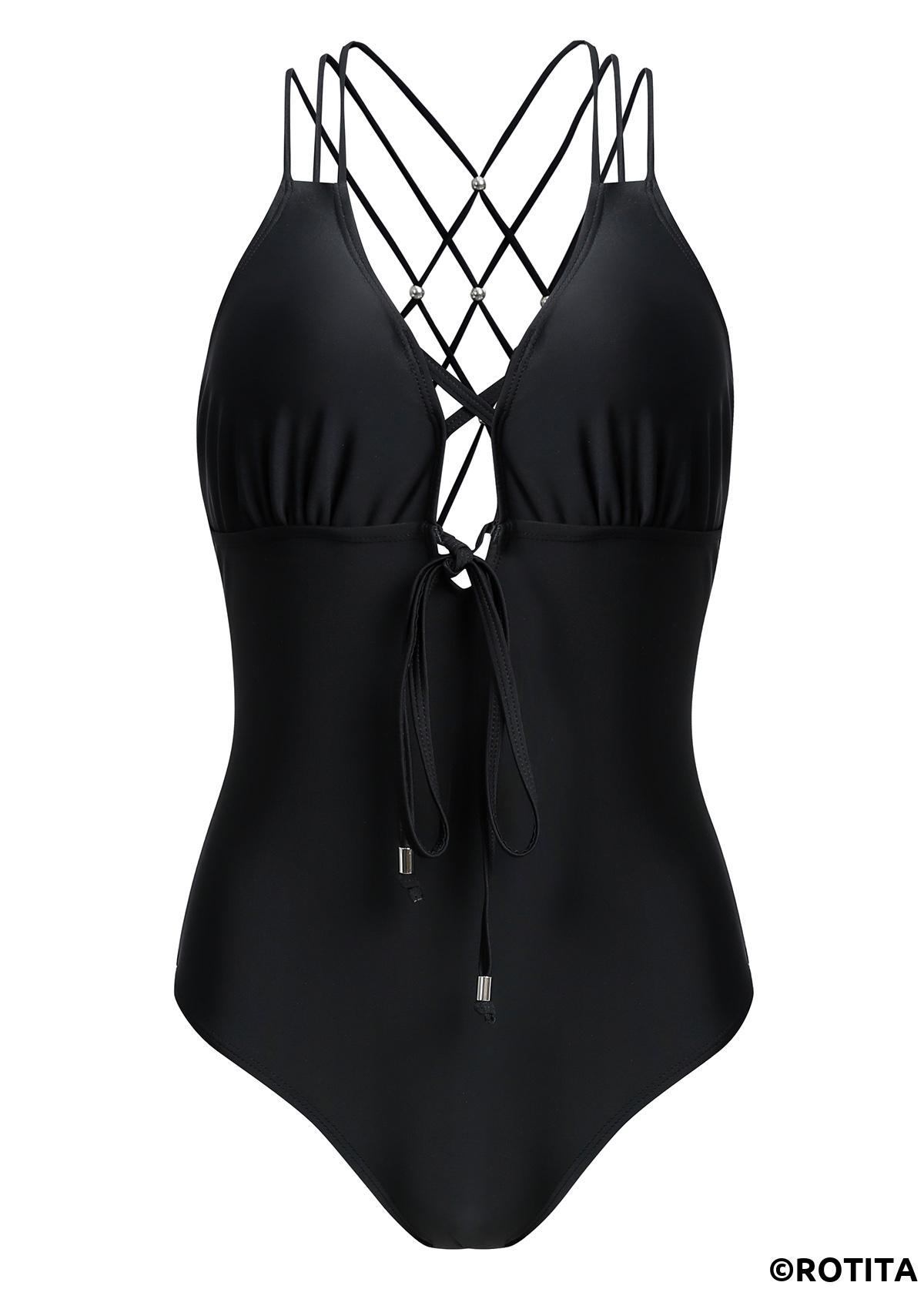 Black swimwear,Plain Color swimwear,ROTITA Criss Cross Tie Front Black One Piece Swimwear