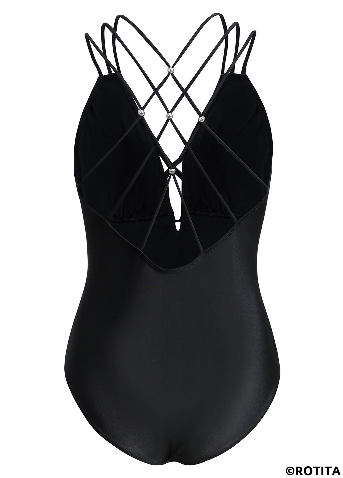 Black swimwear,Plain Color swimwear,ROTITA Criss Cross Tie Front Black One Piece Swimwear