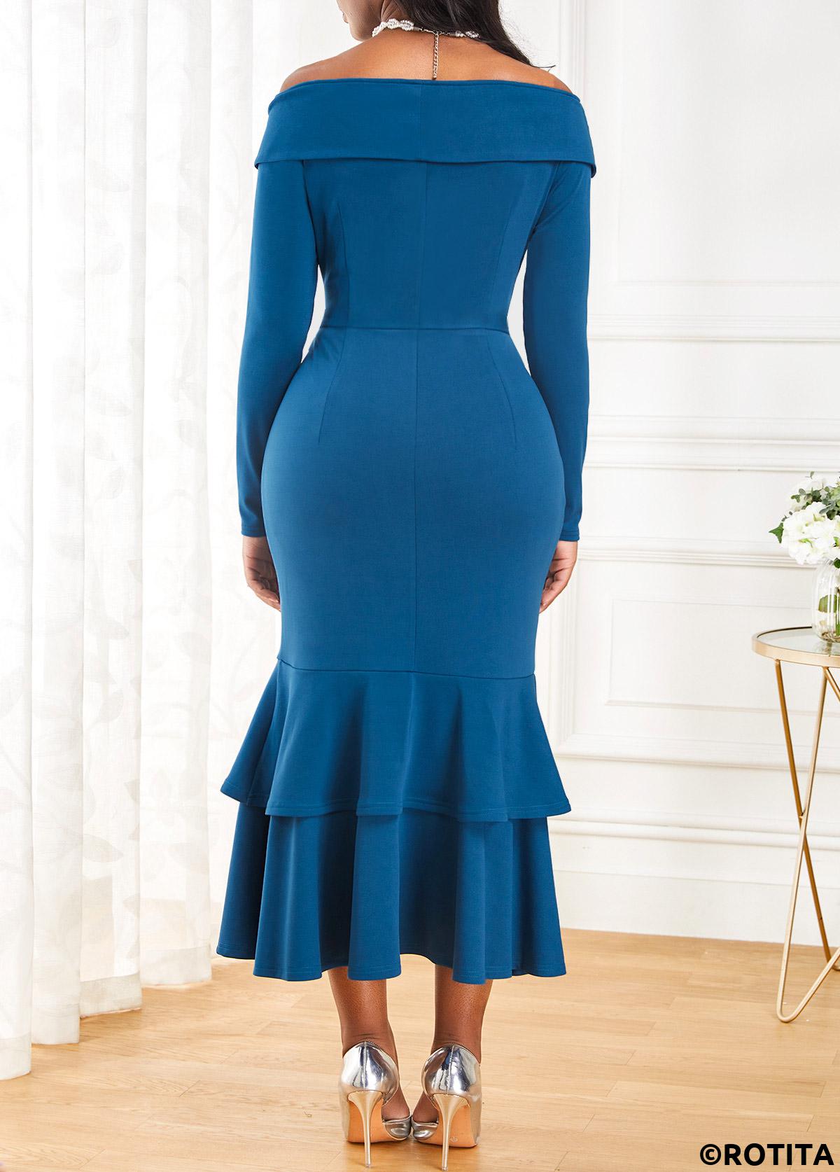 Peacock Blue dresses,Plain Color dresses,Party dresses,Elegant dresses,ROTITA Peacock Blue Long Sleeve Belted Mermaid Dress