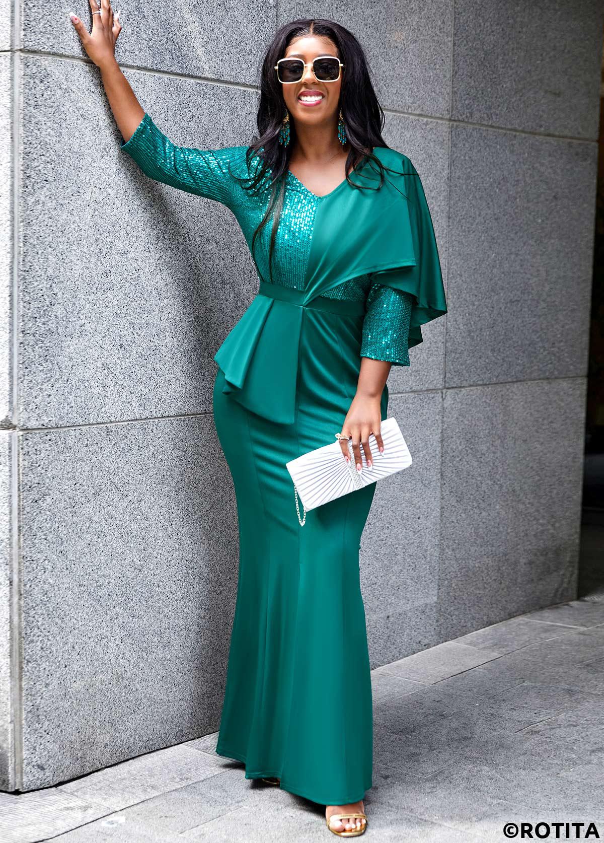 ROTITA Split Green V Neck Mermaid Dress
