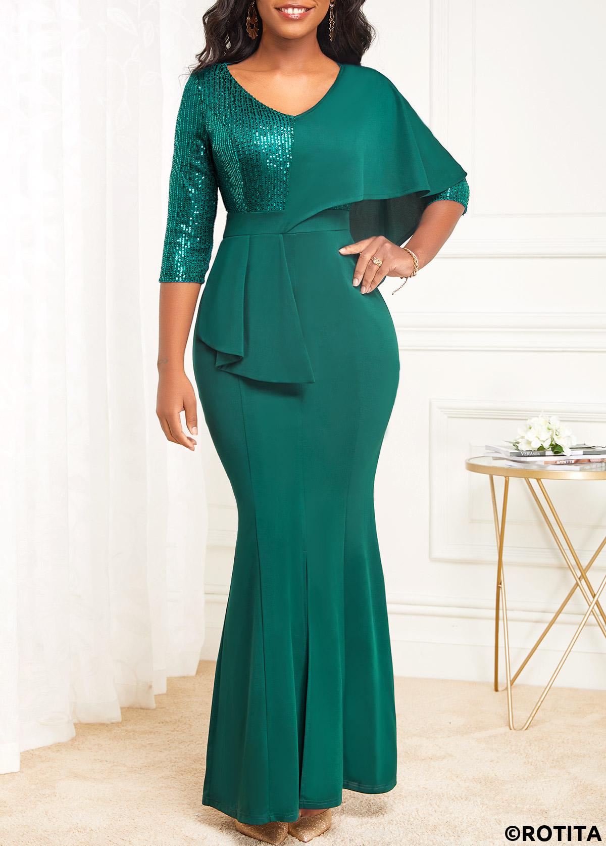 Green dresses,Plain Color dresses,Party dresses,Elegant dresses,ROTITA Split Green V Neck Mermaid Dress