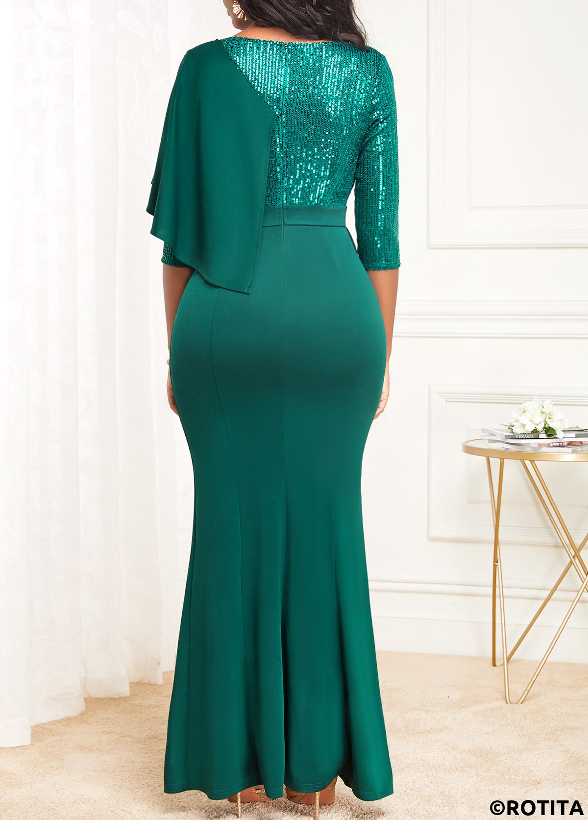 Green dresses,Plain Color dresses,Party dresses,Elegant dresses,ROTITA Split Green V Neck Mermaid Dress