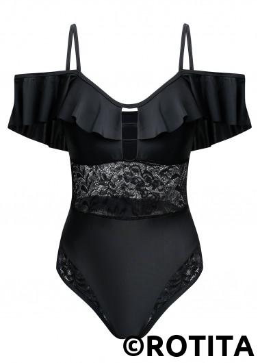 Black swimwear,Plain Color swimwear,ROTITA Lace Spaghetti Strap Black One Piece Swimwear