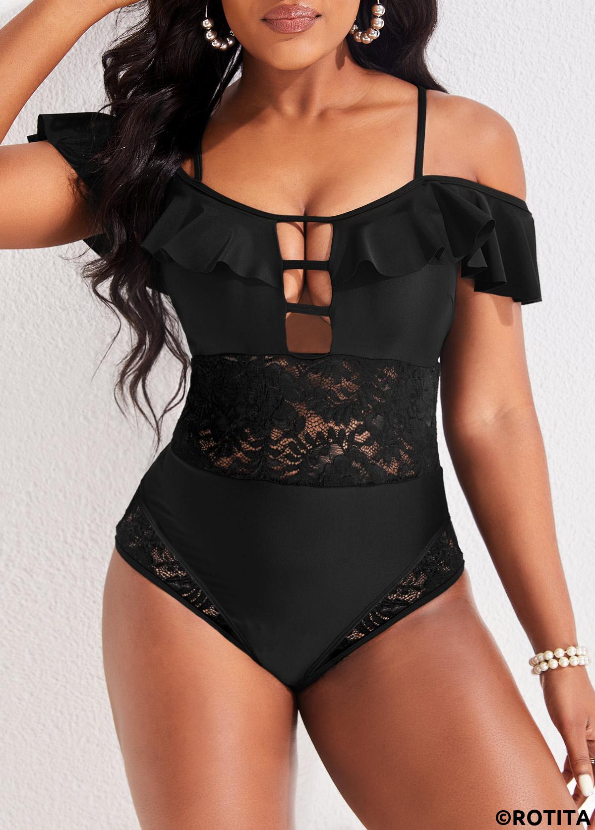 Black swimwear,Plain Color swimwear,ROTITA Lace Spaghetti Strap Black One Piece Swimwear