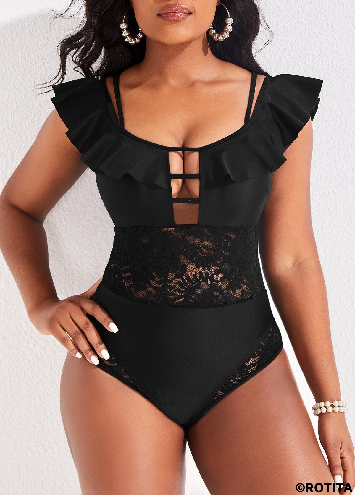 Black swimwear,Plain Color swimwear,ROTITA Lace Spaghetti Strap Black One Piece Swimwear