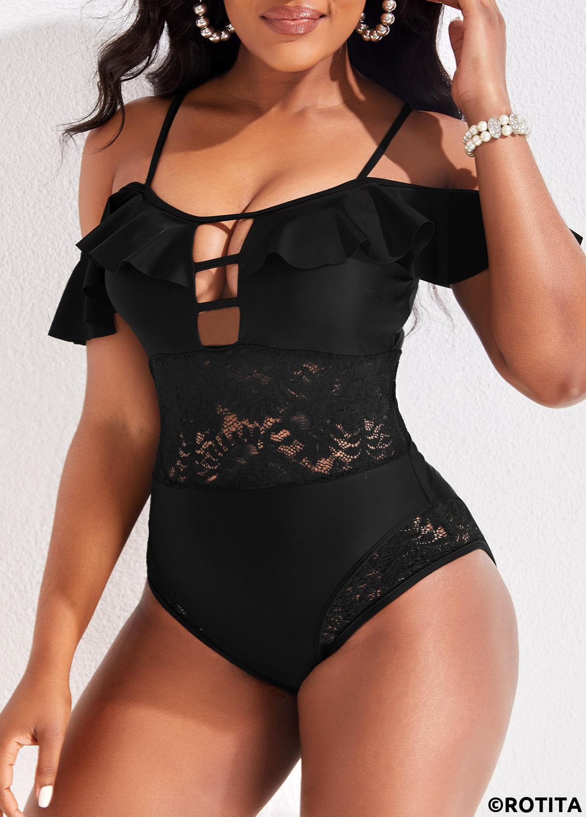 Black swimwear,Plain Color swimwear,ROTITA Lace Spaghetti Strap Black One Piece Swimwear