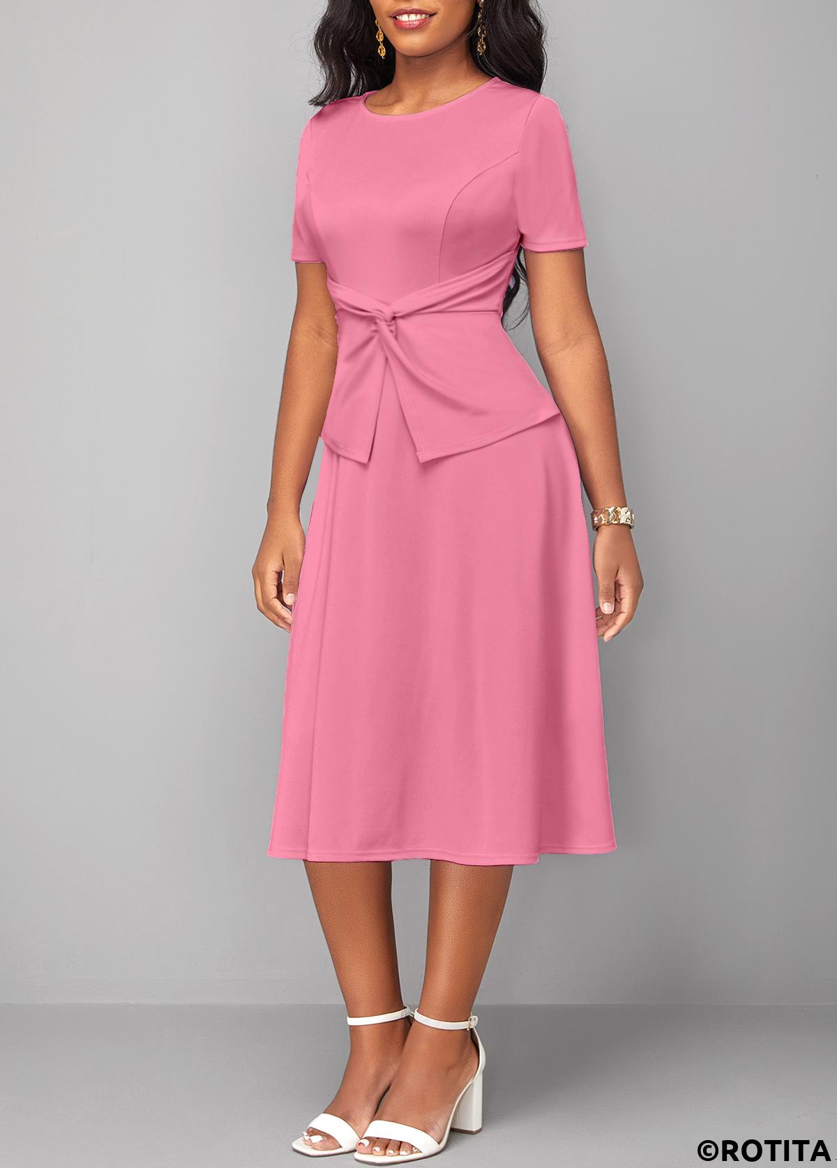 Pink dresses,Plain Color dresses,Party dresses,Elegant dresses,ROTITA Twist Pink Round Neck Short Sleeve Dress