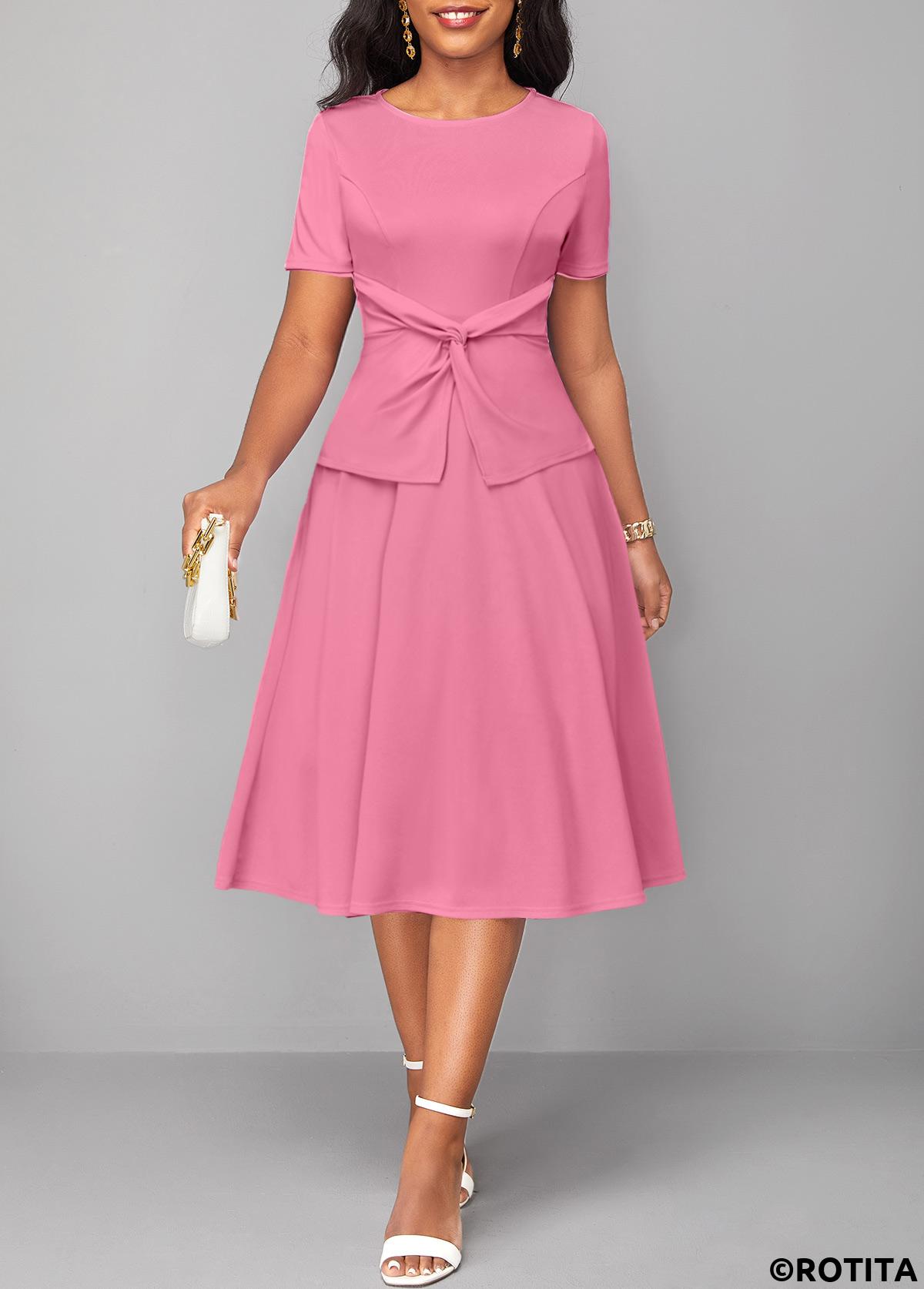 Pink dresses,Plain Color dresses,Party dresses,Elegant dresses,ROTITA Twist Pink Round Neck Short Sleeve Dress
