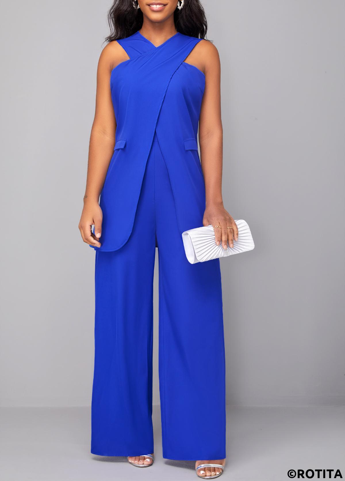 Royal Blue jumpsuits&rompers,Plain Color jumpsuits&rompers,ROTITA Criss Cross Royal Blue Sleeveless Jumpsuit