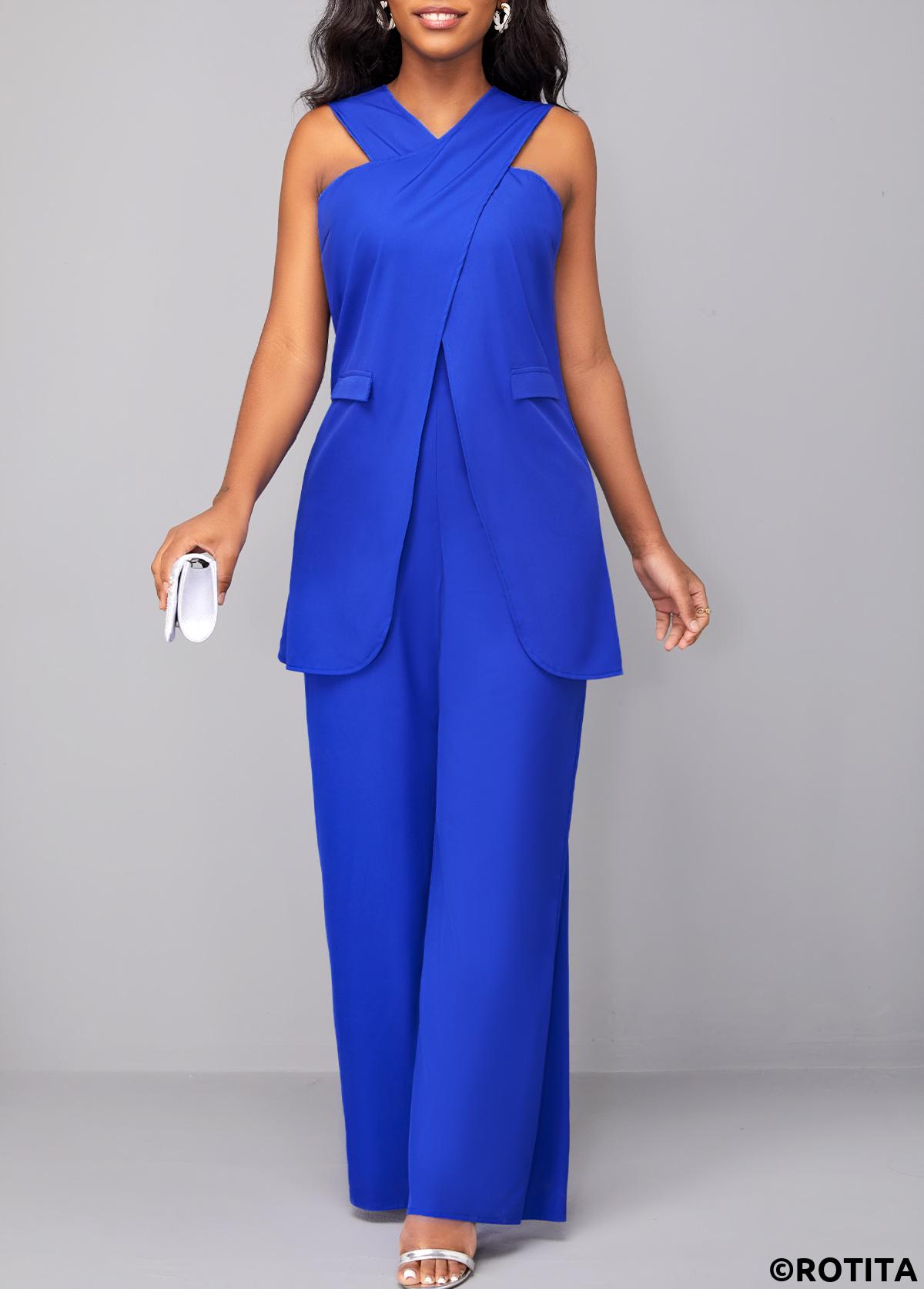 Royal Blue jumpsuits&rompers,Plain Color jumpsuits&rompers,ROTITA Criss Cross Royal Blue Sleeveless Jumpsuit