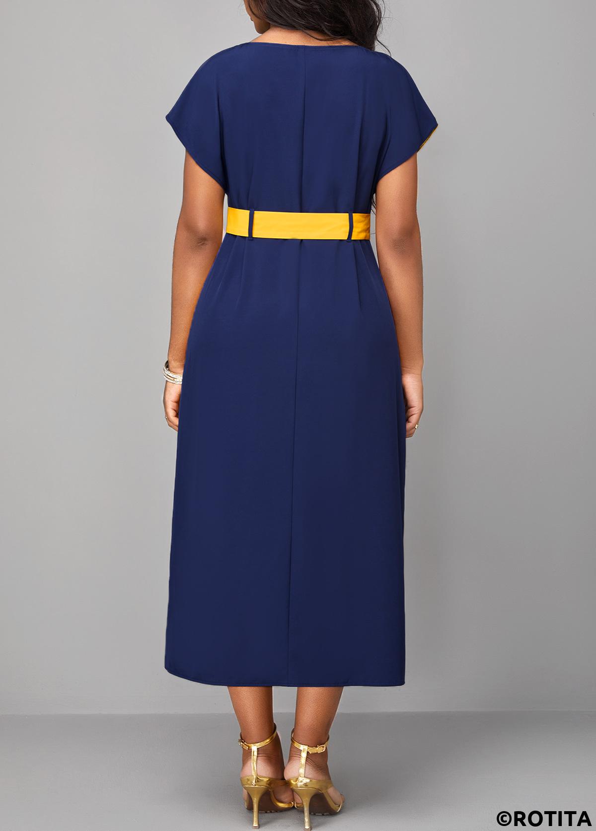 ROTITA Robe patchwork bleu marine en forme de H à col rond
