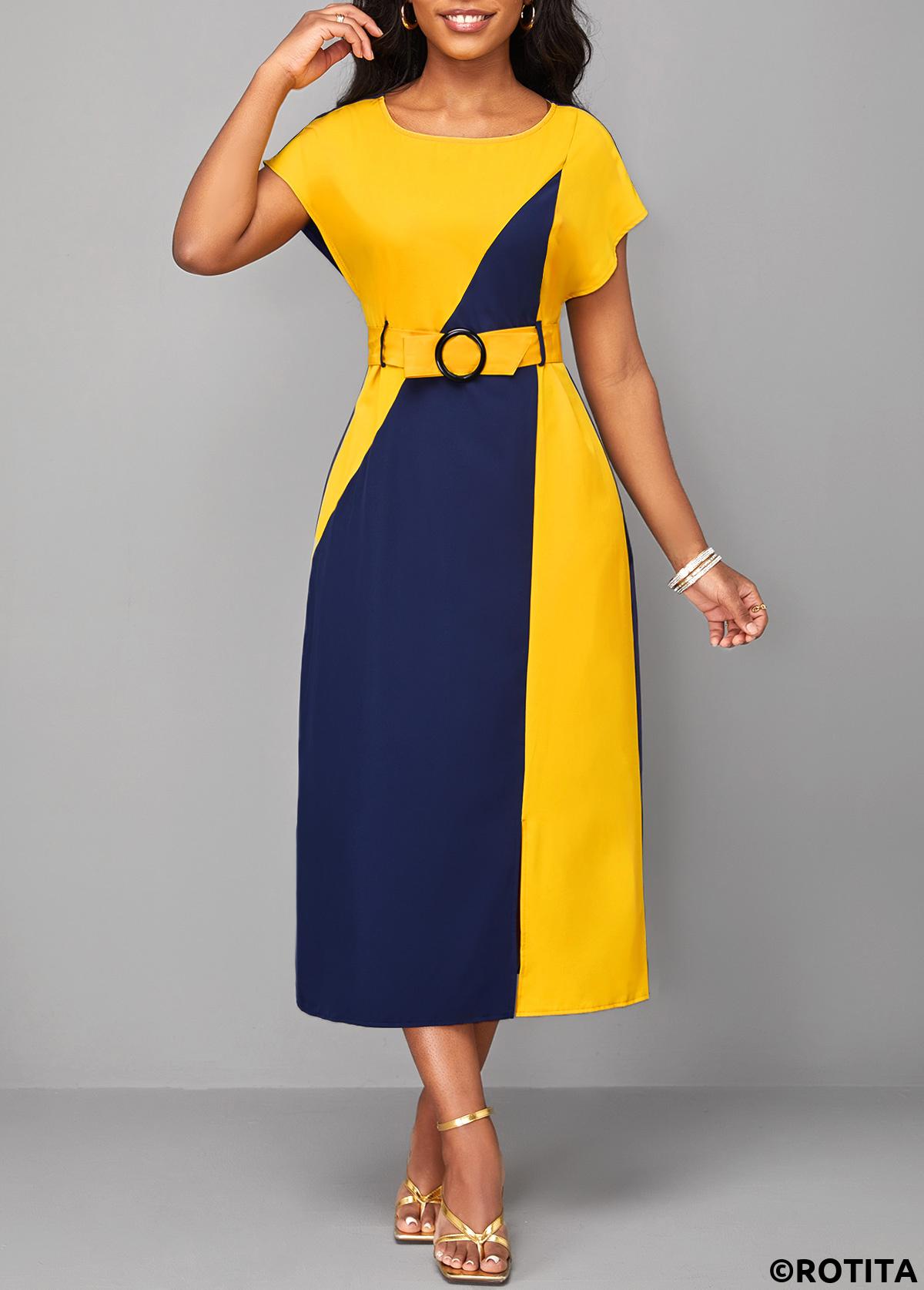 ROTITA Robe patchwork bleu marine en forme de H à col rond