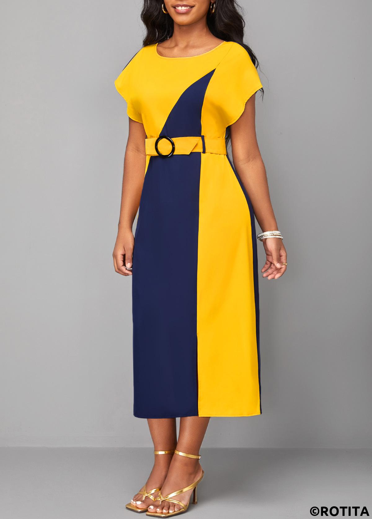 ROTITA Robe patchwork bleu marine en forme de H à col rond