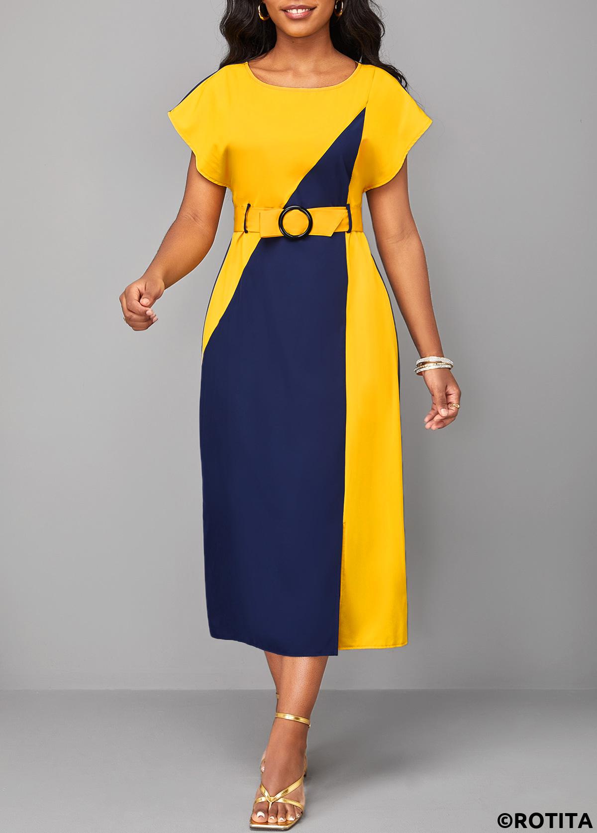 ROTITA Robe patchwork bleu marine en forme de H à col rond