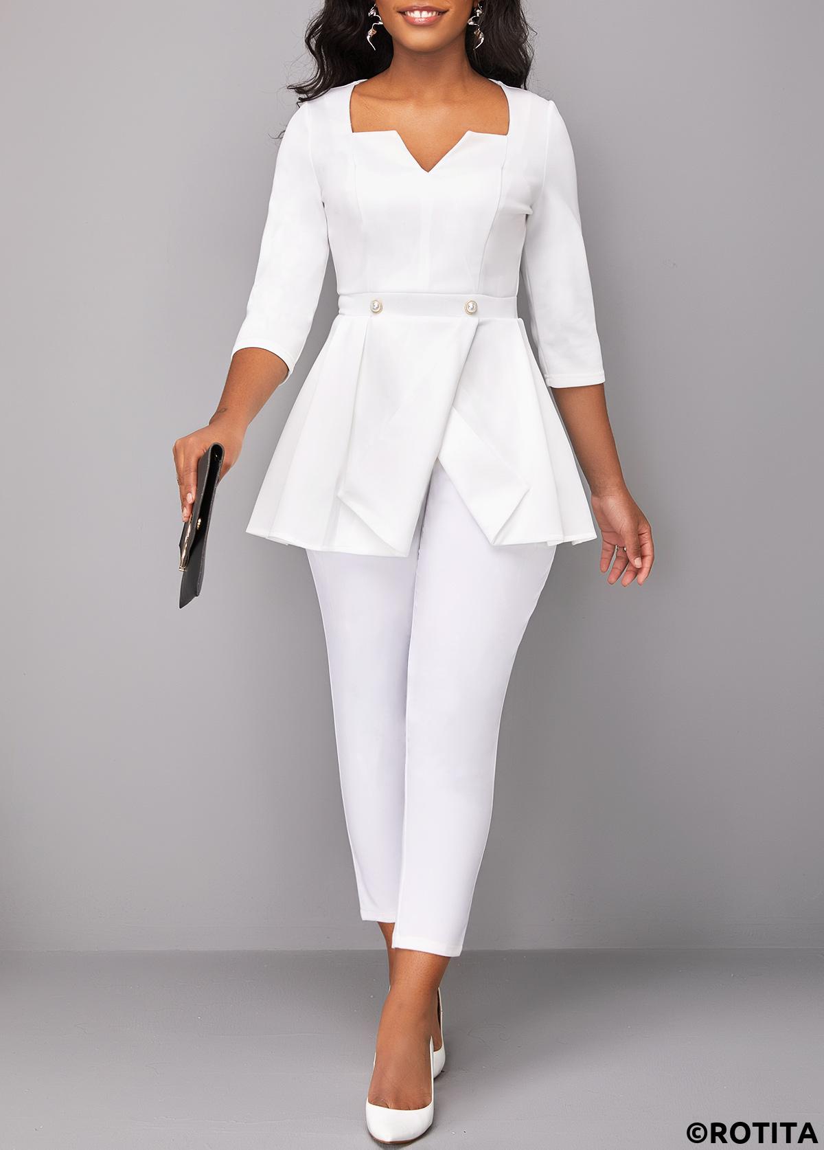 Raw white tops,Plain Color tops,ROTITA Split Raw White Square Neck Blouse