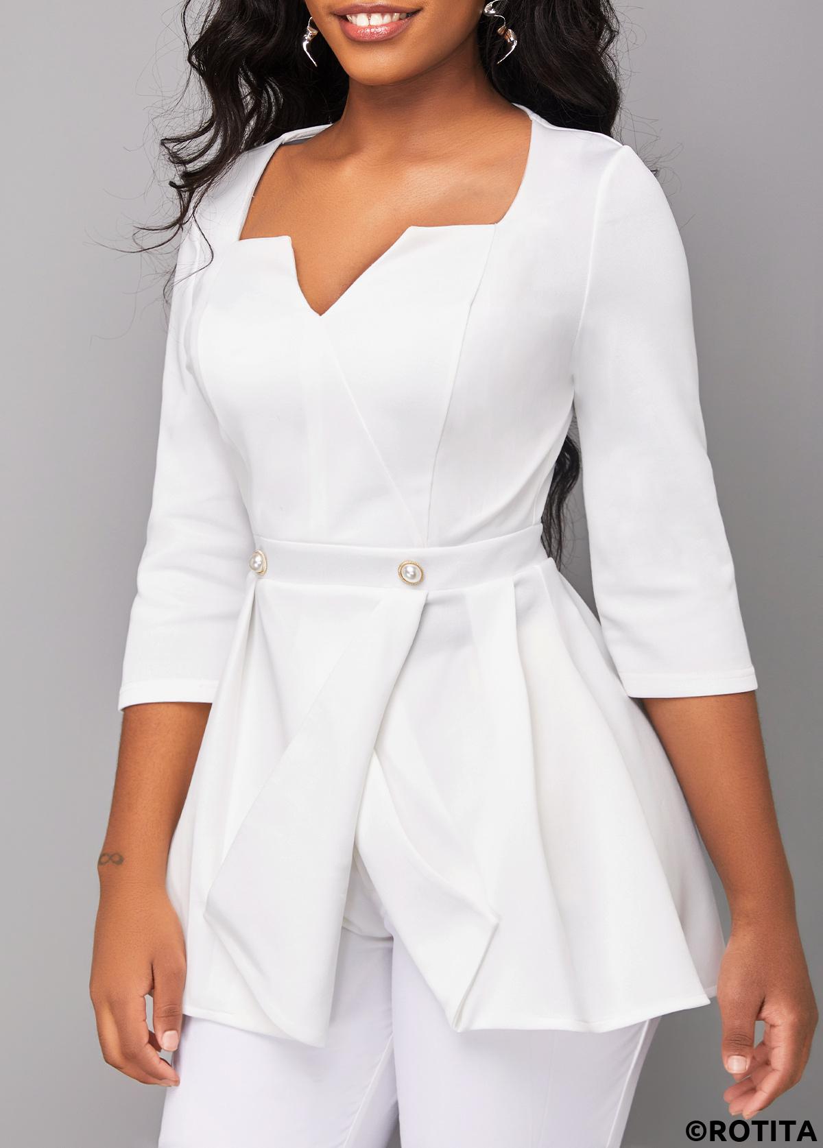 Raw white tops,Plain Color tops,ROTITA Split Raw White Square Neck Blouse